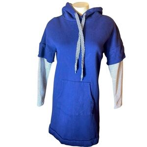 Navy Blue Hoodie Dress with Striped Sleeves